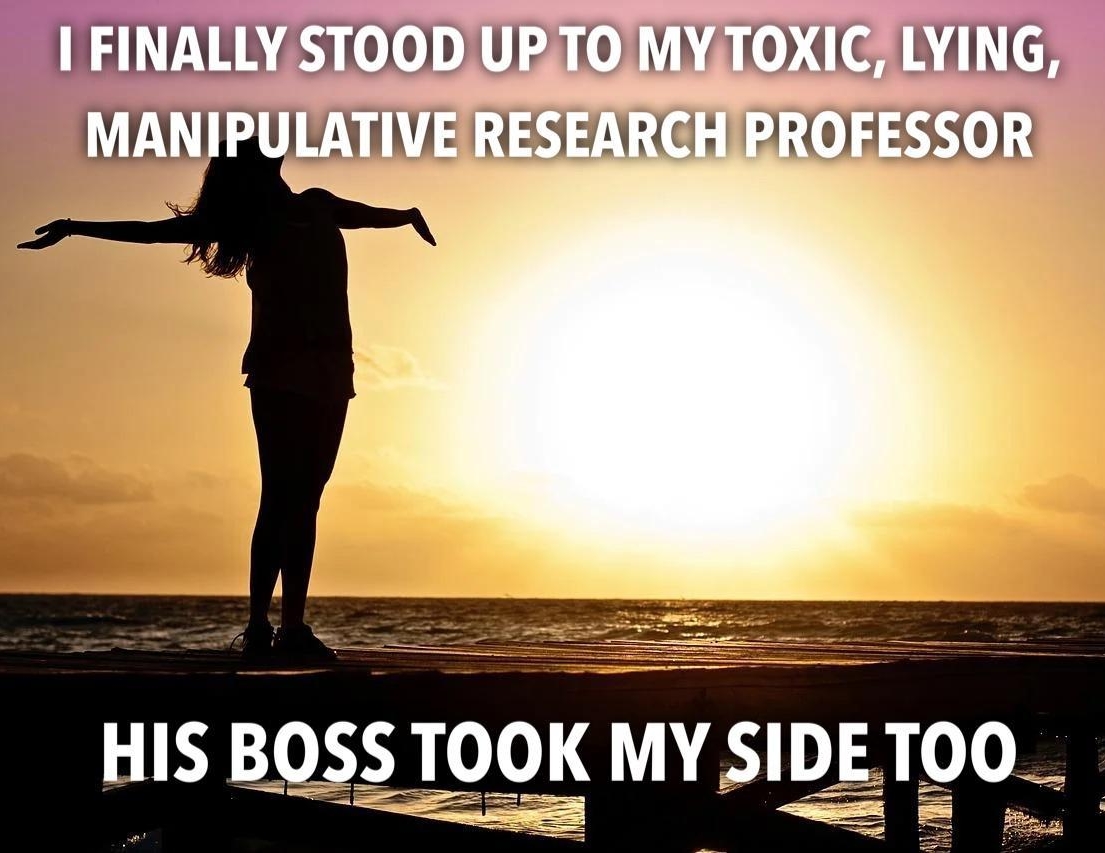 1 FINALLYSTOOD URTOMYTOXIC LYING MANIPULATIVE RESEARCHPROFESSOR HIS BOSS TOOK MYSIDLTO