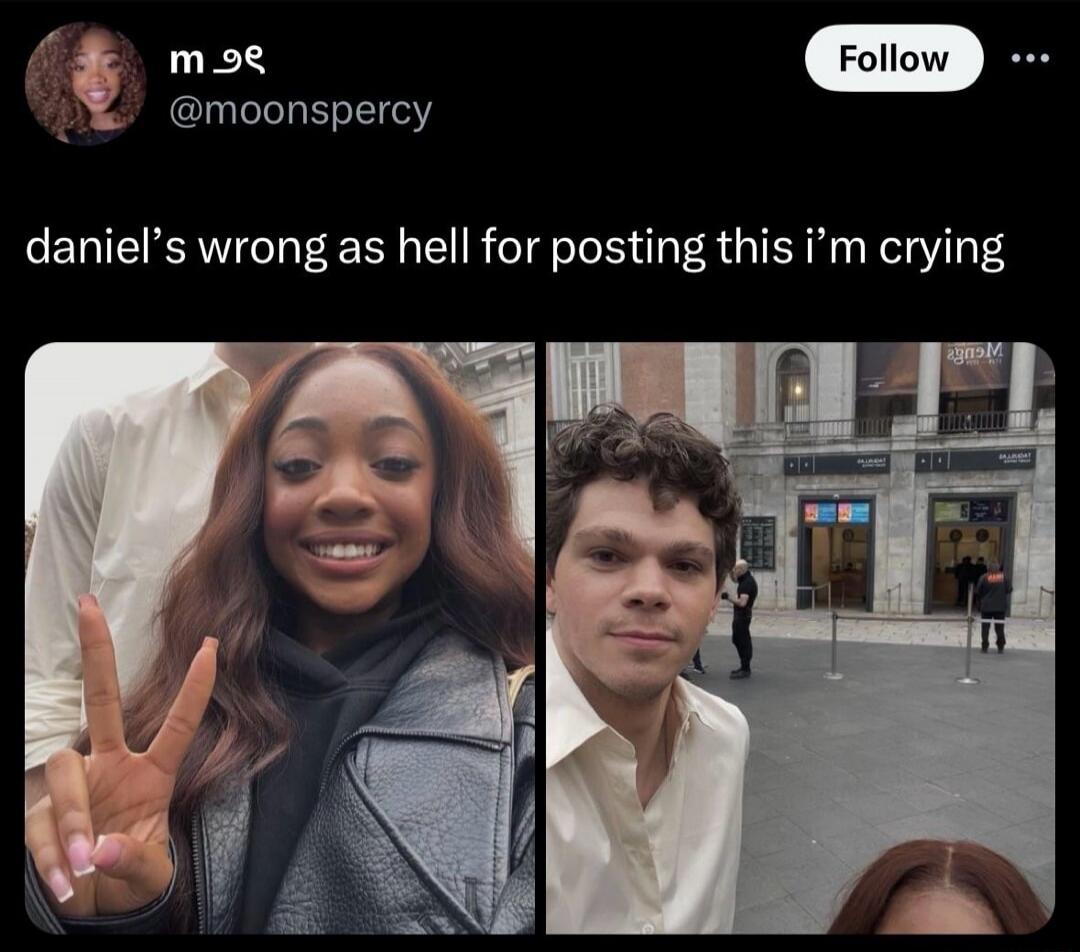daniel's wrong as hell for posting this i'm crying. A split image featuring a smiling Black woman making a peace sign on the left, and a man taking a selfie in front of a building on the right.