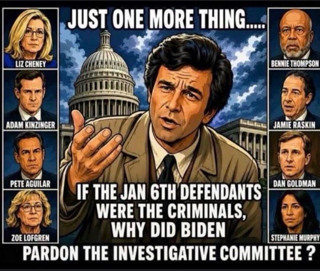 JUST ONE MORE THING..... IF THE JAN 6TH DEFENDANTS WERE THE CRIMINALS, WHY DID BIDEN PARDON THE INVESTIGATIVE COMMITTEE? Liz Cheney, Adam Kinzinger, Pete Aguilar, Zoe Lofgren, Bennie Thompson, Jamie Raskin, Dan Goldman, Stephanie Murphy.