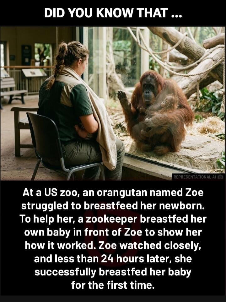 DID YOU KNOW THAT ... At a US zoo, an orangutan named Zoe struggled to breastfeed her newborn. To help her, a zookeeper breastfed her own baby in front of Zoe to show her how it worked. Zoe watched closely, and less than 24 hours later, she successfully breastfed her baby for the first time.