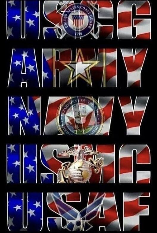 USCG ARMY NAVY USMC USAF. United States Coast Guard, US Army, Department of the Navy, US Marine Corps, US Air Force.