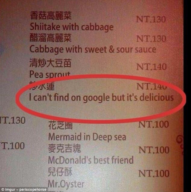 Shiitake with cabbage NT.130
Cabbage with sweet & sour sauce NT.130
Pea sprout NT.140
I can't find on google but it's delicious NT.140
Mermaid in Deep sea NT.100
McDonald's best friend NT.100
Mr. Oyster NT.100