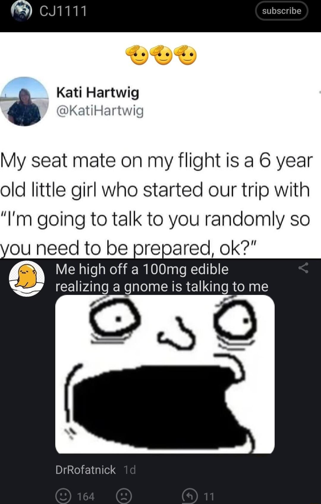 Kati Hartwig i KatiH g My seat mate on my flight is a 6 year old little girl who started our trip with Im going to talk to you randomly so Me high off a 100mg edible realizing a gnome is talking to me DrRofatnick
