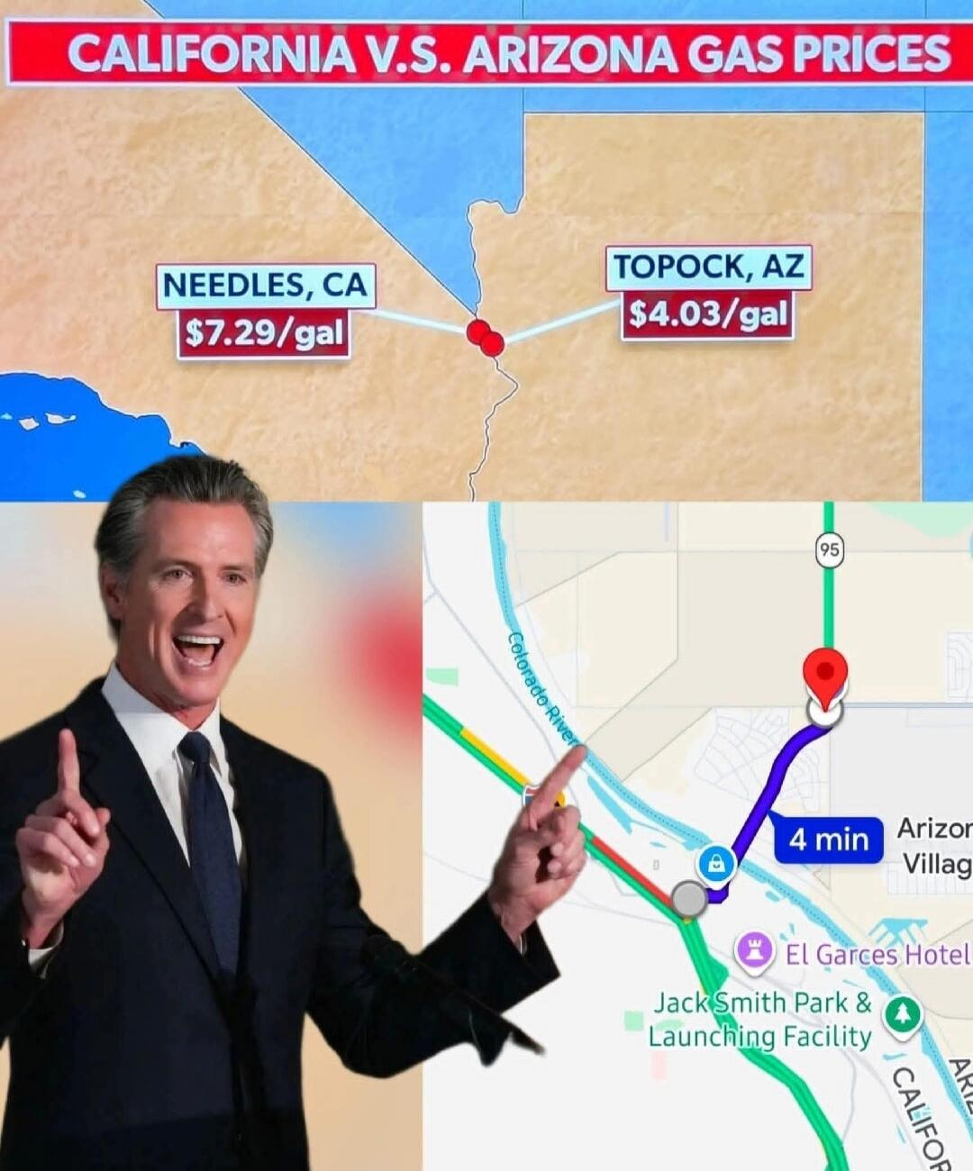California vs. Arizona Gas Prices. Needles, CA: $7.29 per gallon. Topock, AZ: $4.03 per gallon. A map shows a 4-minute drive from California to Arizona, crossing the Colorado River, highlighting the significant price difference. Jack Smith Park & Launching Facility, El Garces Hotel, Arizona Village, California.