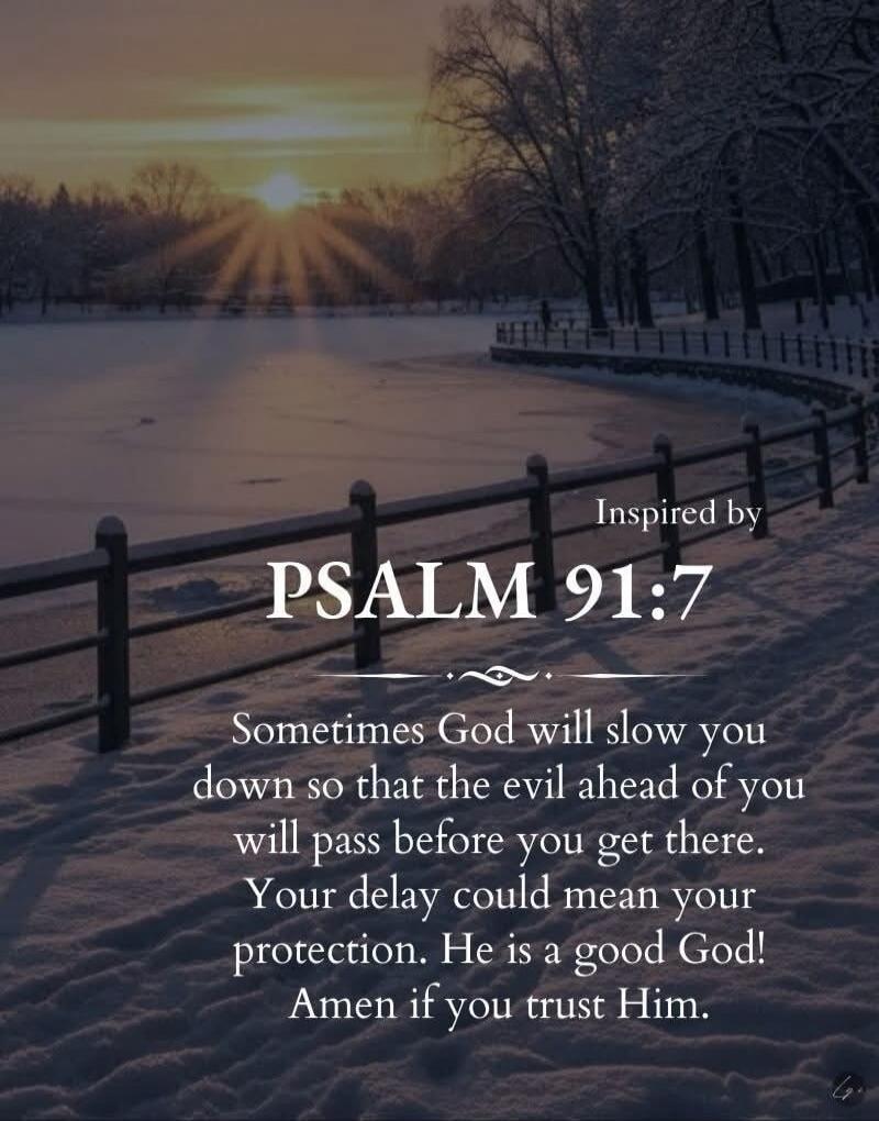 Inspired by PSALM 91:7 Sometimes God will slow you down so that the evil ahead of you will pass before you get there. Your delay could mean your protection. He is a good God! Amen if you trust Him.