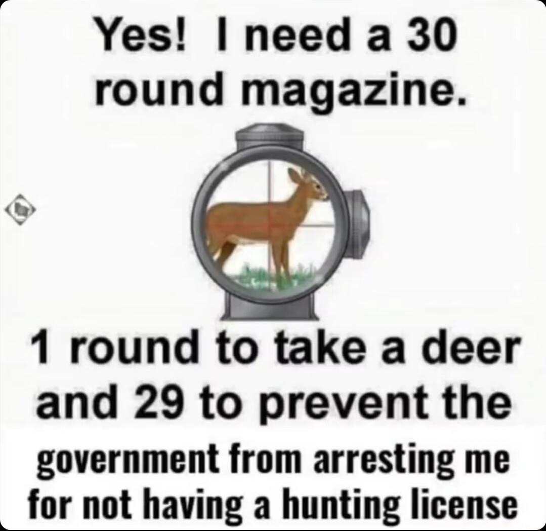 Yes need a 30 round magazine 1 round to take a deer and 29 to prevent the government from arresting me for not having a hunting license