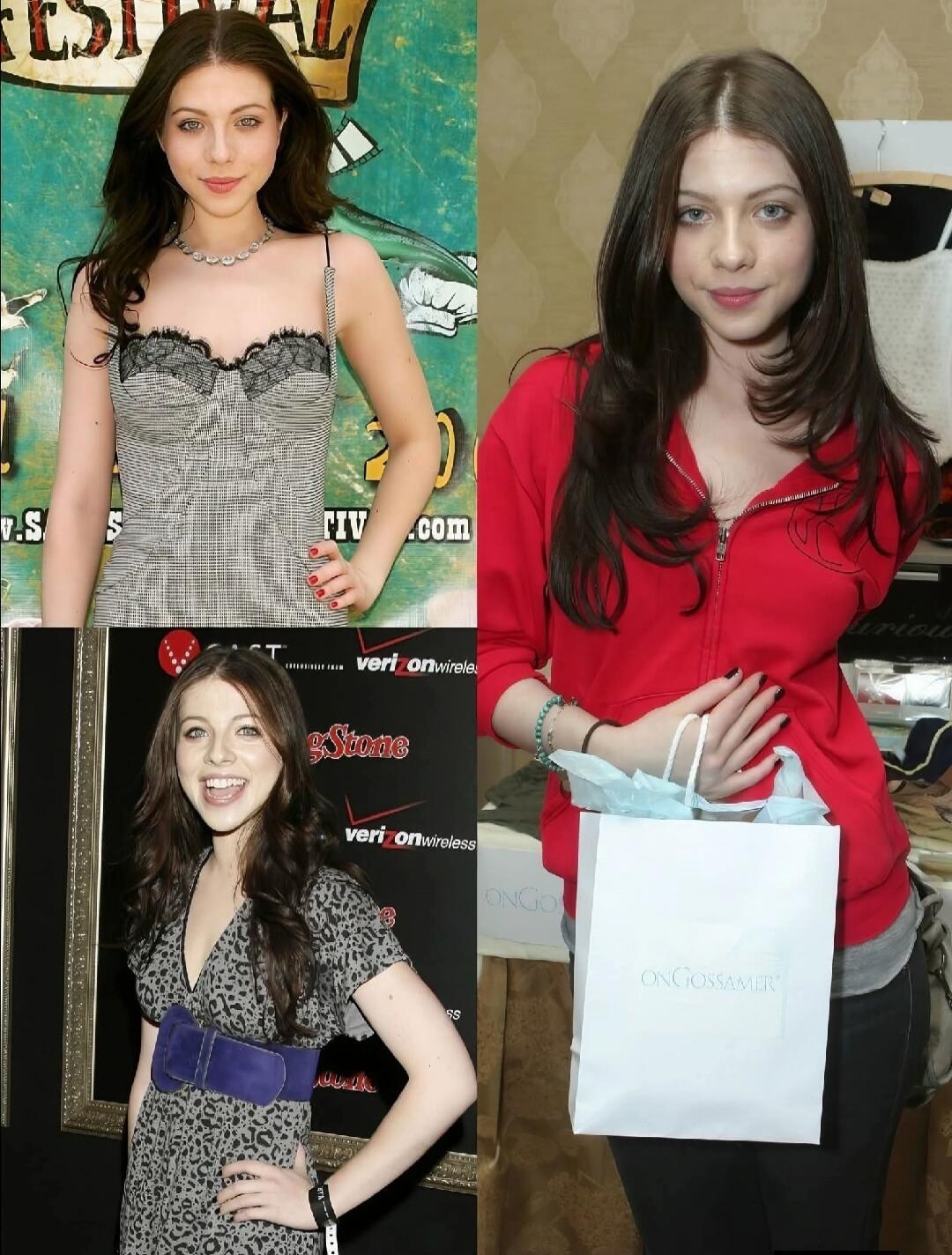 FESTIVAL TV.com verizon wireless g Stone ONGOSSAMER. A collage of four images featuring actress Michelle Trachtenberg. In the top left, she wears a striped top with black lace and a necklace, smiling. In the bottom left, she is laughing, wearing a patterned dress with a purple belt. On the right, she is in a red hoodie, holding a white shopping bag