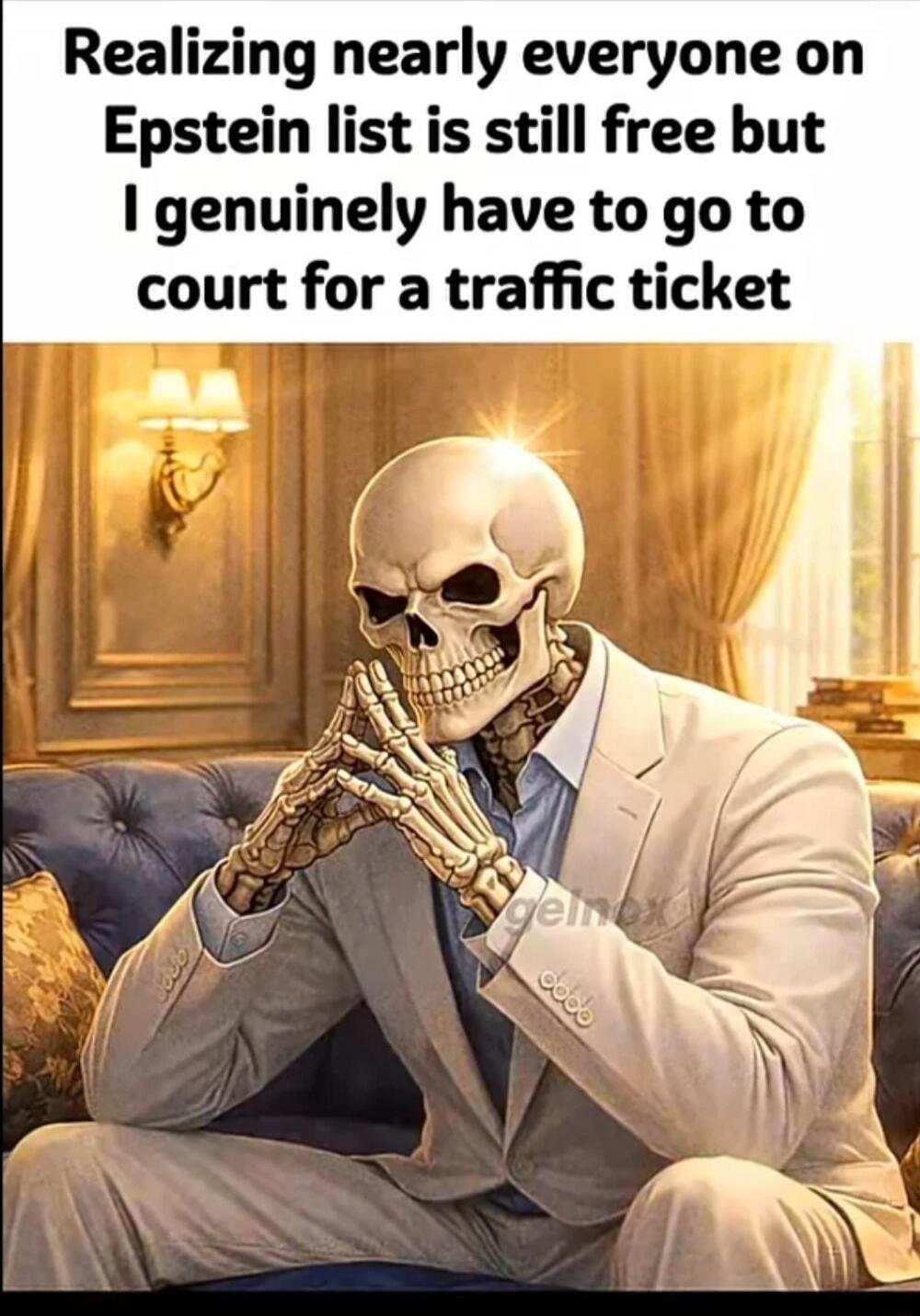 Realizing nearly everyone on Epstein list is still free but I genuinely have to go to court for a traffic ticket