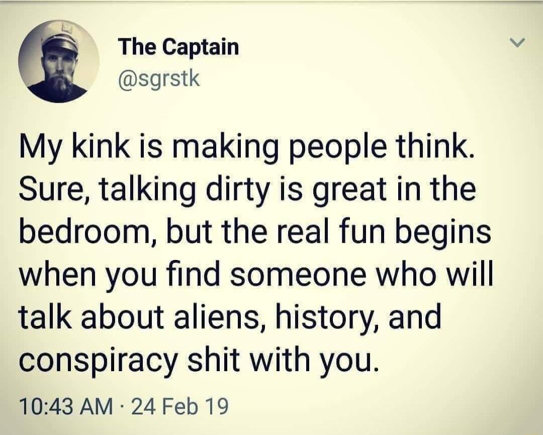 3 The Captain sgrstk My kink is making people think Sure talking dirty is great in the bedroom but the real fun begins when you find someone who will talk about aliens history and conspiracy shit with you 1043 AM 24 Feb 19