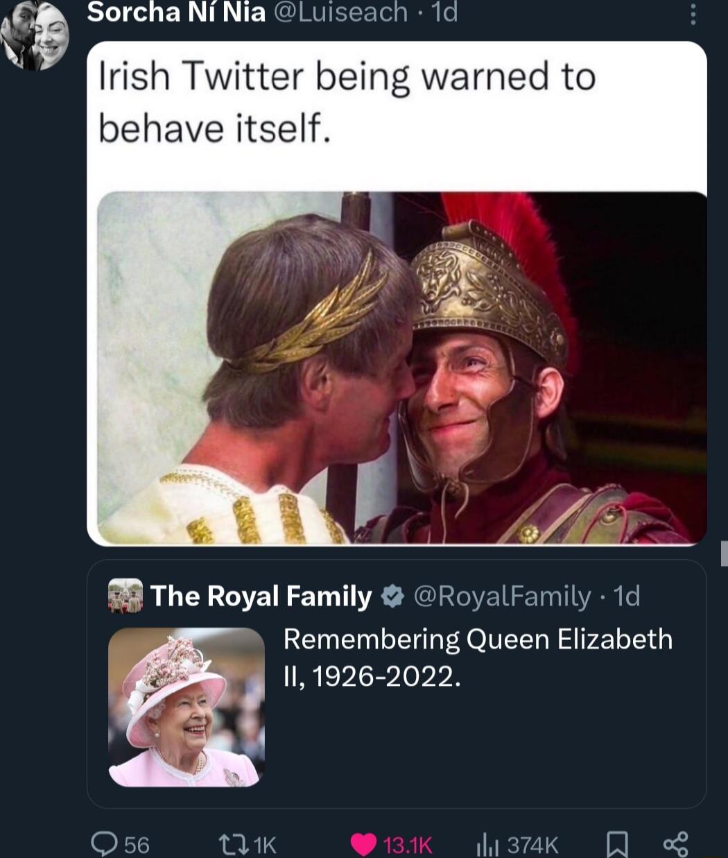 2 UELE R l ELICUERL L ERE Irish Twitter being warned to behave itself The Royal Family RoyalFamily 1d Remembering Queen Elizabeth 111926 2022 O 56 K M3k