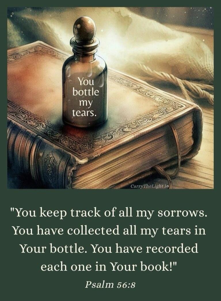 You bottle my tears. You keep track of all my sorrows. You have collected all my tears in Your bottle. You have recorded each one in Your book! Psalm 56:8 CarryTheLight.io