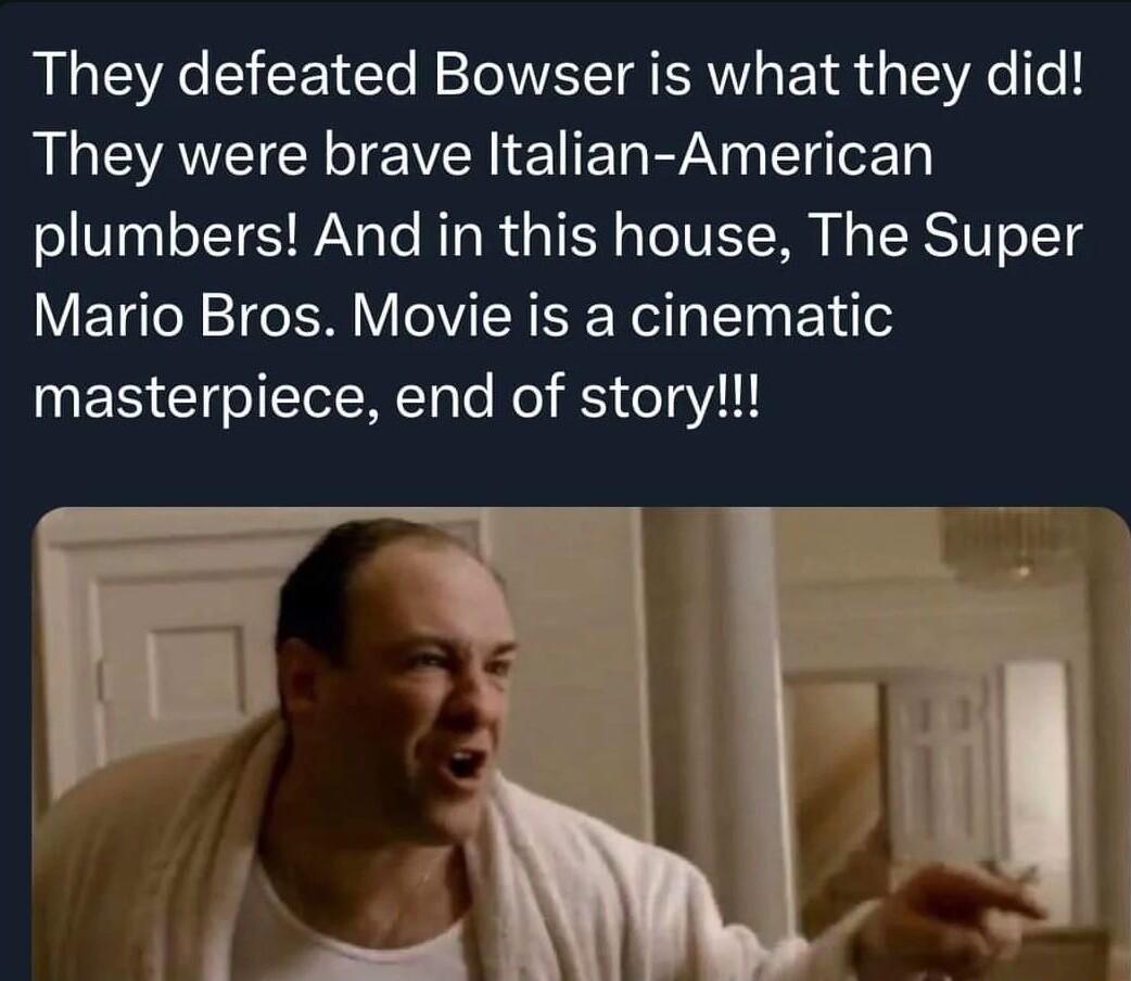 They defeated Bowser is what they did They were brave Italian American plumbers And in this house The Super Mario Bros Movie is a cinematic masterpiece end of story
