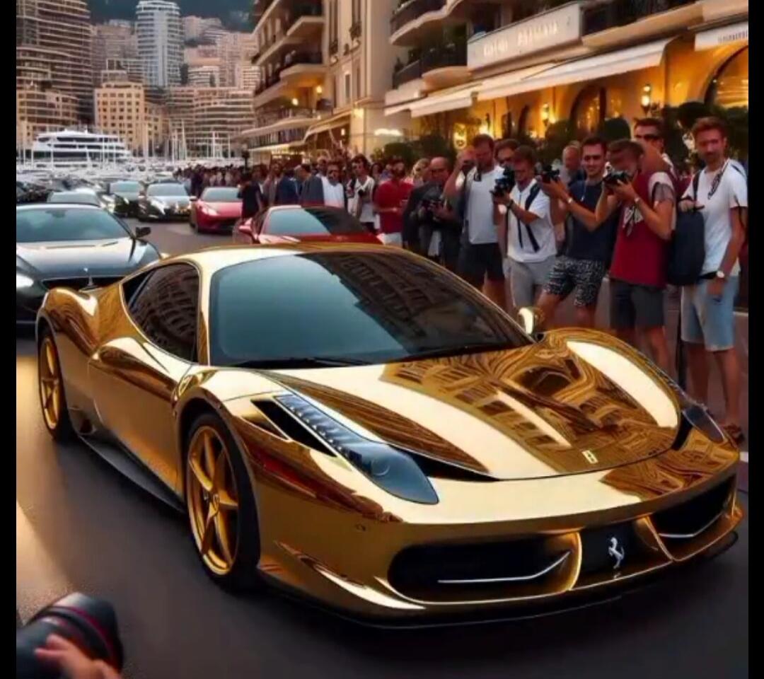 A golden Ferrari sports car drives down a city street, attracting attention from a crowd of people on the sidewalk, some of whom are taking photos. Other luxury cars and buildings are visible in the background.