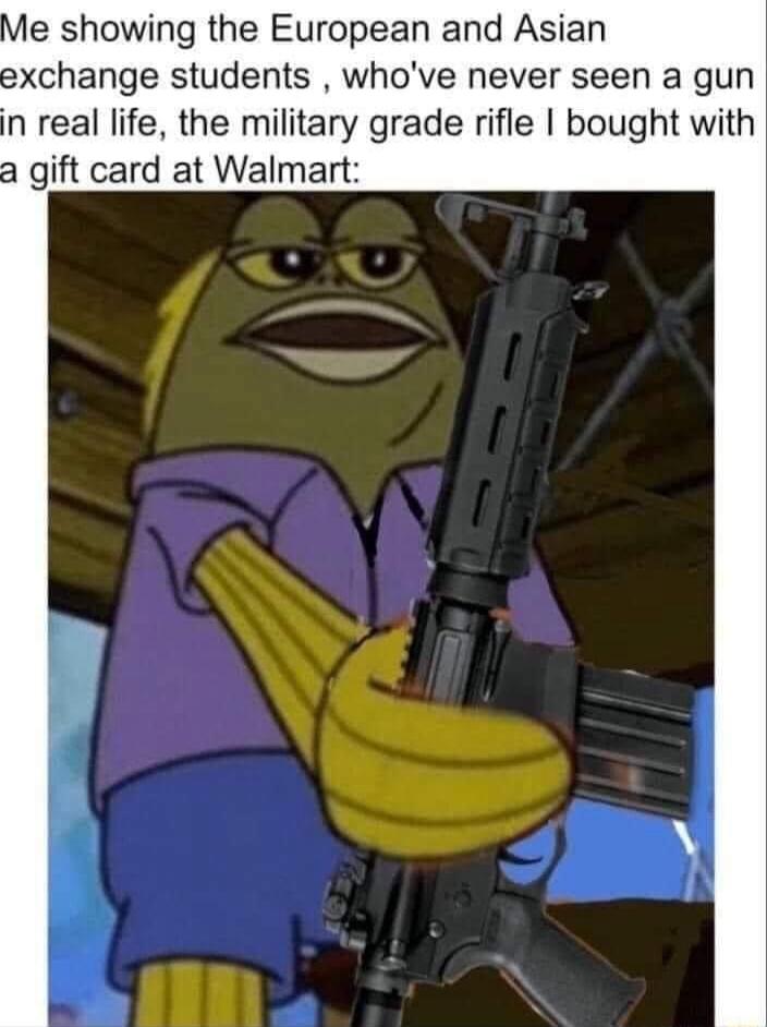 e showing the European and Asian exchange students whove never seen a gun n real life the military grade rifle bought with a gift card at Walmart