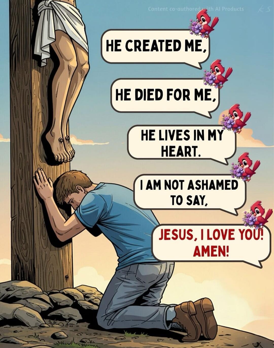 HE CREATED ME,\nHE DIED FOR ME,\nHE LIVES IN MY HEART.\nI AM NOT ASHAMED TO SAY,\nJESUS, I LOVE YOU! AMEN!