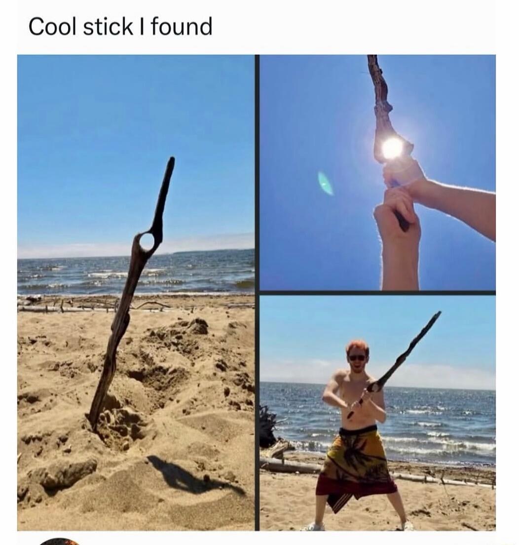 Cool stick I found. A person found a unique stick on the beach, which they then used to playfully interact with the sun, making it appear like a magical staff, and later posed with it like a sword.