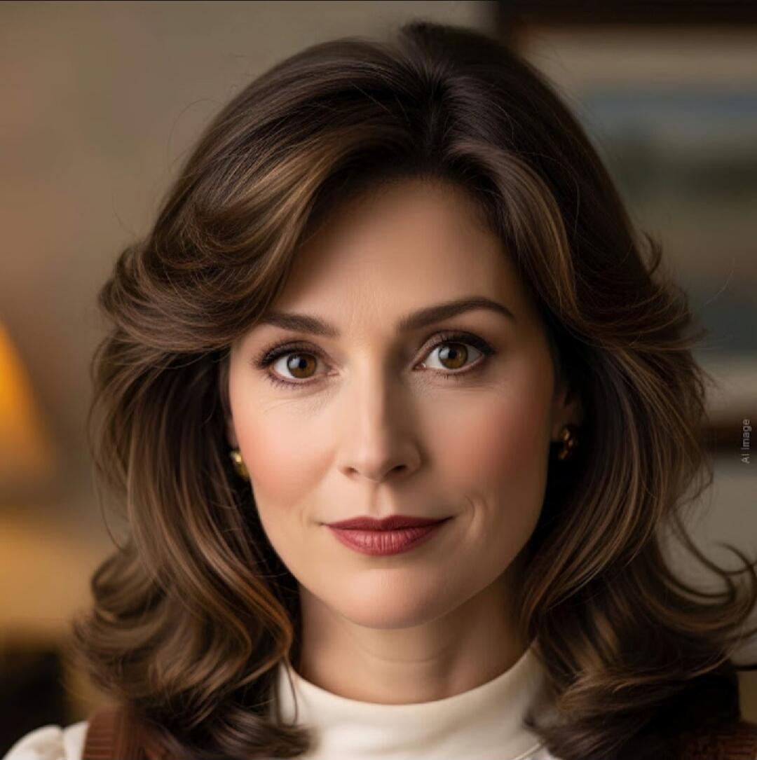 A close-up portrait of a woman with brown hair, wearing a white top.