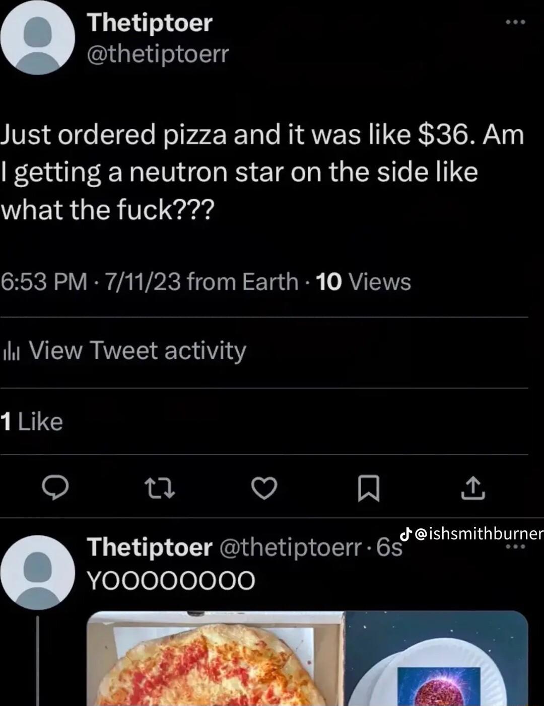 Thetiptoer thetiptoerr Just ordered pizza and it was like 36 Am getting a neutron star on the side like what the fuck 653 PM 71123 from Earth 10 Views ili View Tweet activity 1Like u QO A Thetlptoer thetiptoerr 6 emthbumer YOOOOOOOO