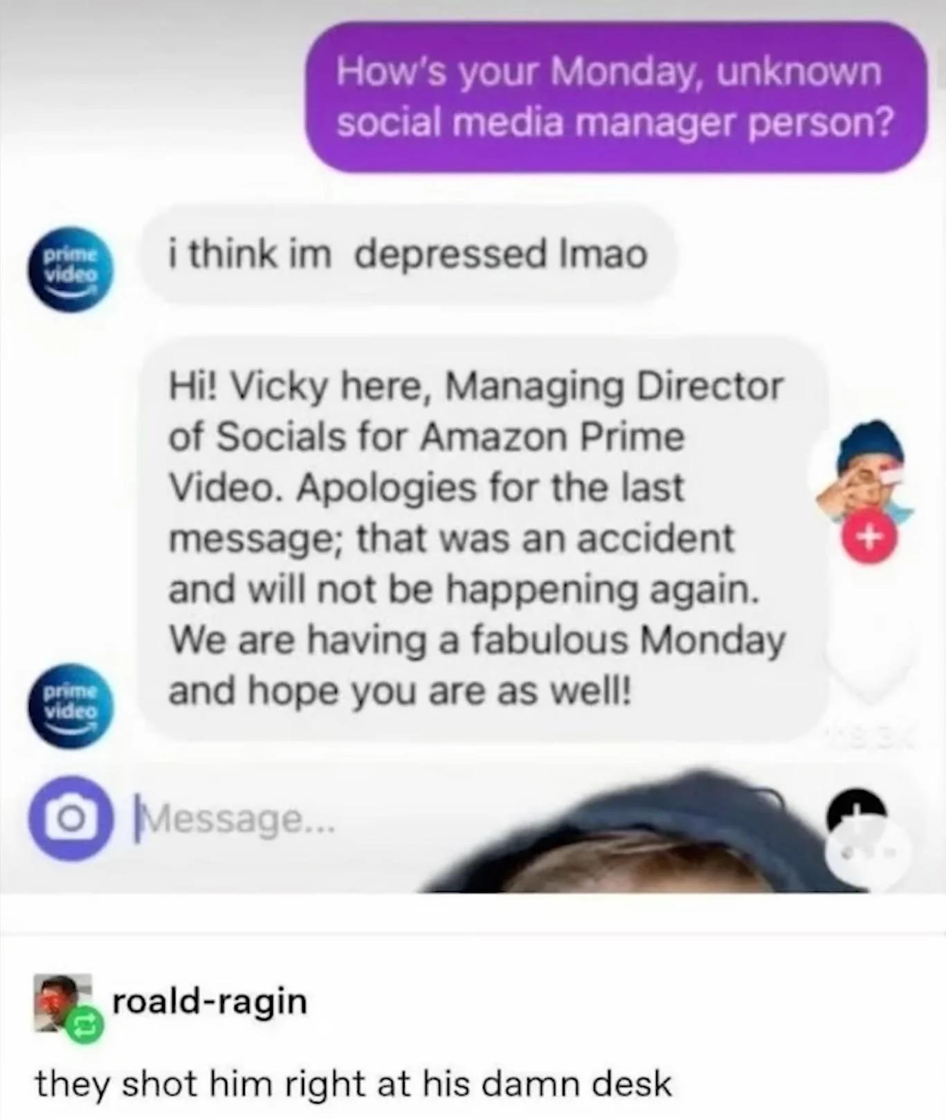 ithink im depressed Imao Hi Vicky here Managing Director of Socials for Amazon Prime Video Apologies for the last message that was an accident and will not be happening again We are having a fabulous Monday and hope you are as well mald ragin they shot him right at his damn desk