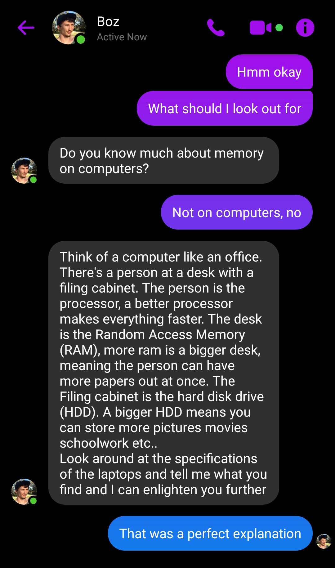 Boz Active Now L B o Do you know much about memory o g Wetolpq o Ui 1 Y4 J Think of a computer like an office Theres a person at a desk with a filing cabinet The person is the processor a better processor makes everything faster The desk RGN ETao o WAVSTOISIHY 04 018 RAM more ram is a bigger desk meaning the person can have more papers out at once The Filing cabinet is the hard disk drive HDD A bi