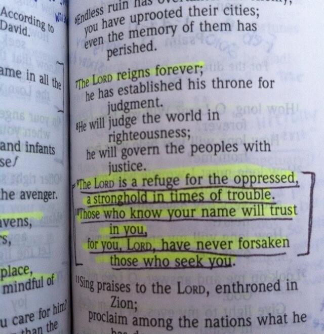 The LORD reigns forever; The LORD is a refuge for the oppressed, a stronghold in times of trouble. Those who know your name will trust in you, for you, LORD, have never forsaken those who seek you.