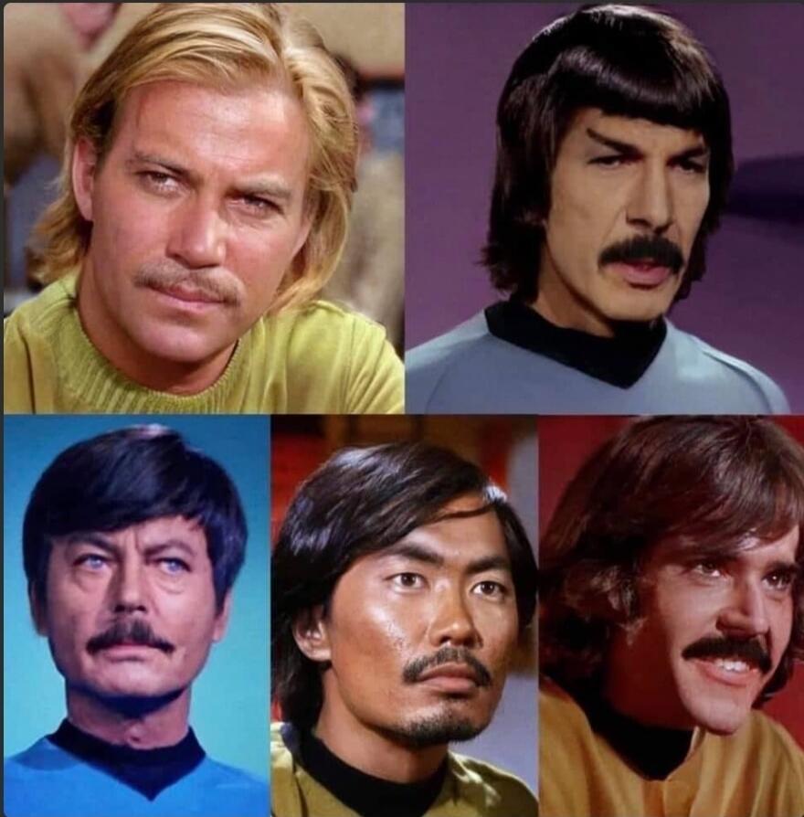 A collage of five iconic Star Trek characters (Captain Kirk, Spock, Dr. McCoy, Sulu, and Scotty) all depicted with mustaches, which they typically do not have in the original series. The image creates a humorous and unexpected visual.