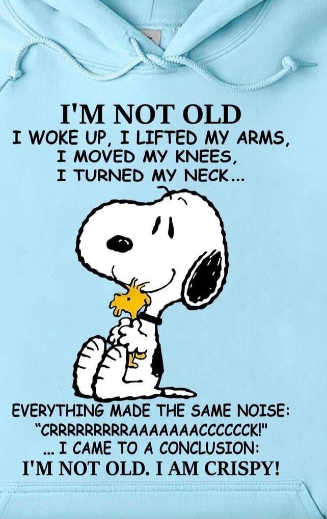 I'M NOT OLD
I WOKE UP, I LIFTED MY ARMS,
I MOVED MY KNEES,
I TURNED MY NECK...
EVERYTHING MADE THE SAME NOISE:
