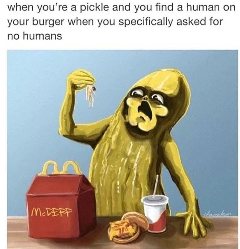 when youre a pickle and you find a human on your burger when you specifically asked for no humans