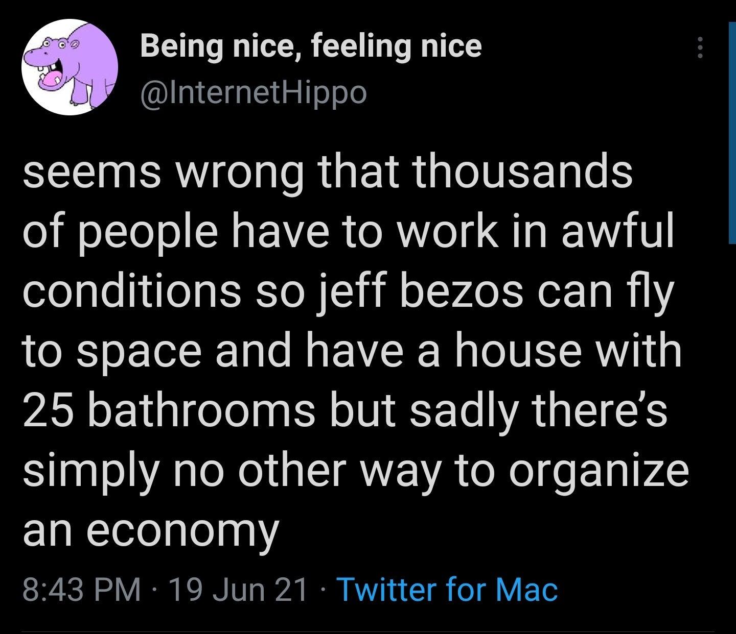 Being nice feeling nice InternetHippo seems wrong that thousands of people have to work in awful conditions so jeff bezos can fly to space and have a house with 25 bathrooms but sadly theres SJ1ago A gloXe1t g LI MWEA o Xo o 141 P42 an economy 843 PM 19 Jun 21 Twitter for Mac