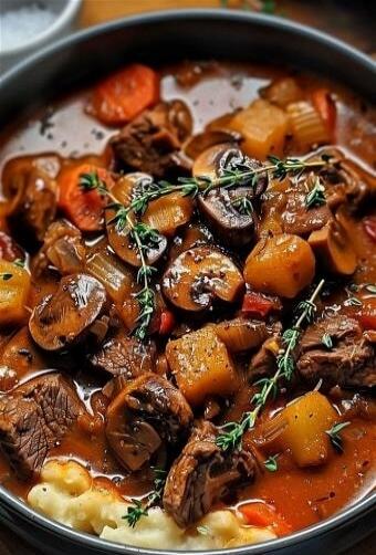 Beef stew with carrots, potatoes, and mushrooms in a rich brown sauce, garnished with thyme.