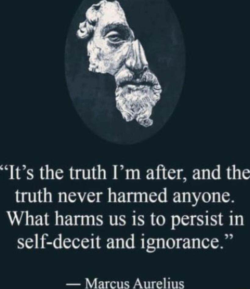 Its the truth Im after and the truth never harmed anyone What harms us is to persist in self deceit and ignorance Marcus Aurelius