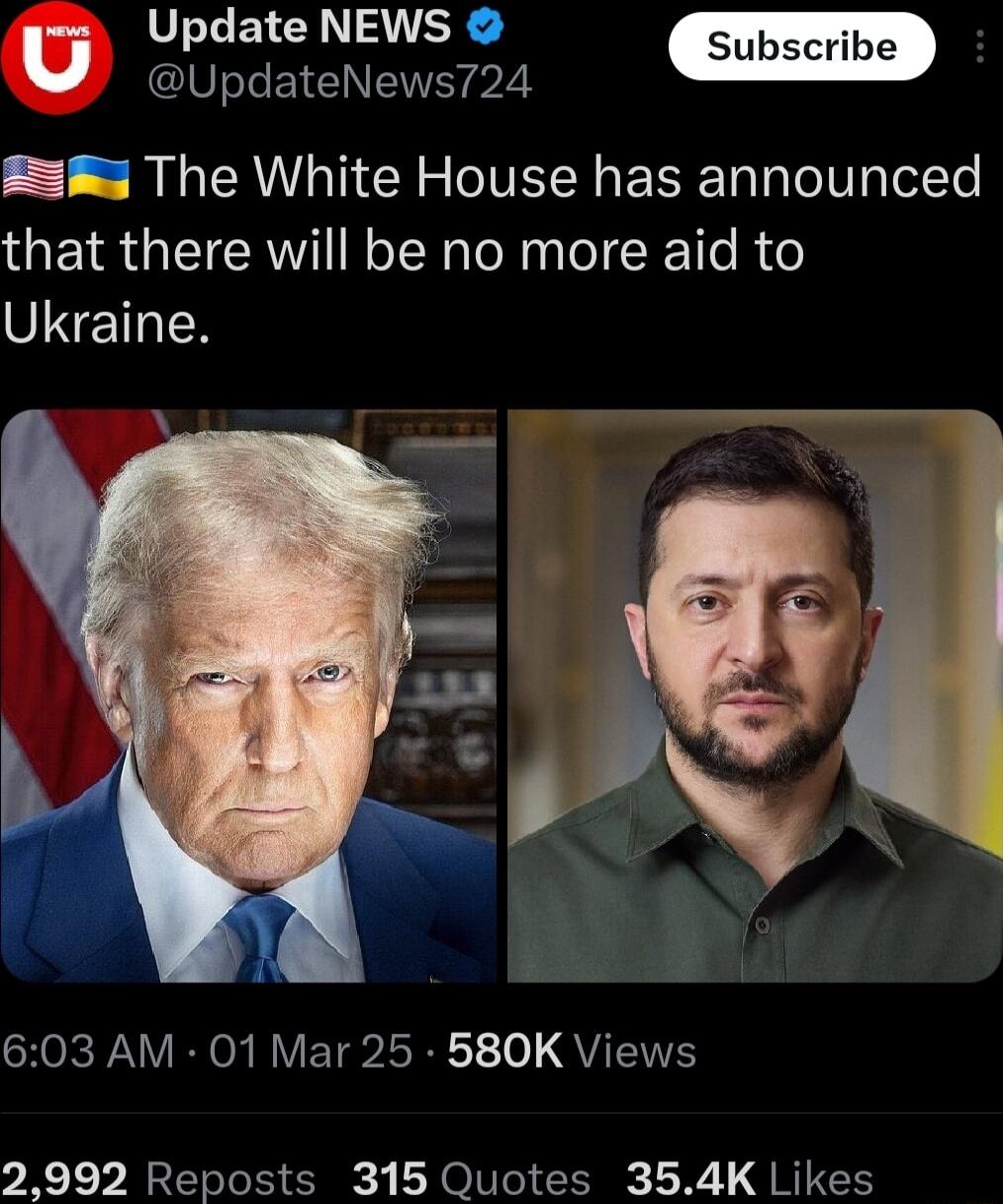 Update NEWS Sul U aupdateNewsr24 LR ER T GRS TV T T oW TelTe that there will be no more aid to VNET N RPNV R VETR IRt To QUENS 2992 Reposts 315 Quotes 354K Likes