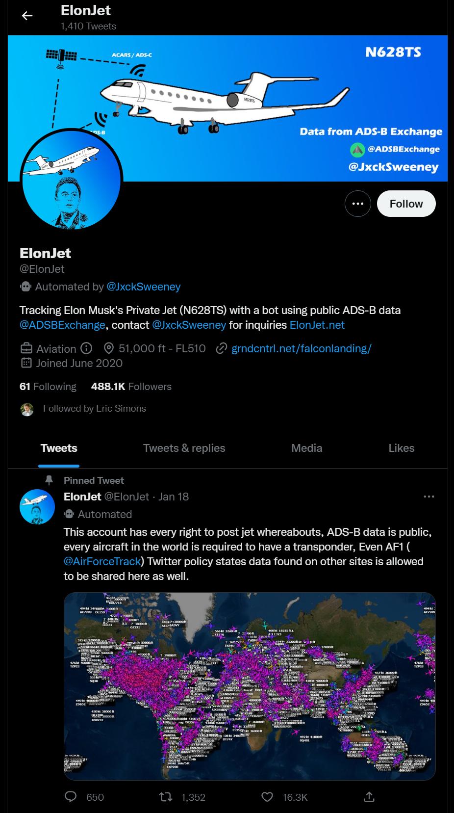 ElonJet Astoma IR Tracking Elon Musks Private Jet N628TS with a bot using public ADS B data ADSEExchange contact hickSweeney for inquires Elon et net Avation B Joined June 2020 FLST0 gmdentrnetfalconlanding 481K ol Tweets Tweets eplies Media Likes PionedTuset Elondet Eionet o 12 Automated This account has every rght to post et whereabouts ADS B data s public overy aifcraft i the woridis required t
