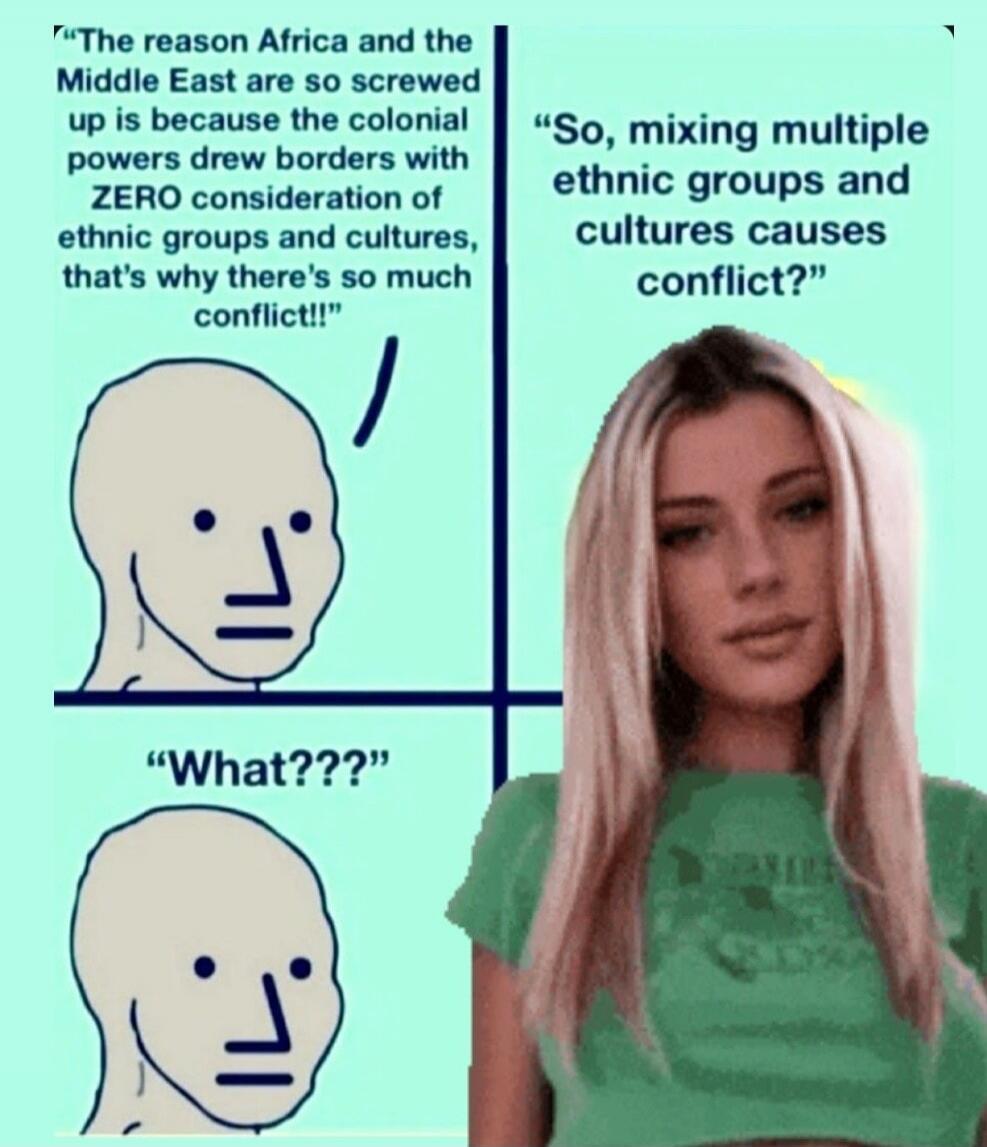 The reason Africa and the Middle East are so screwed up is because the colonial powers drew borders with ZERO consideration of ethnic groups and cultures, that's why there's so much conflict!! So, mixing multiple ethnic groups and cultures causes conflict? What???