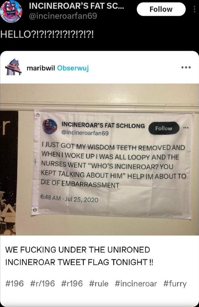 INCINEROARS FAT SC HELLO i maribwil Obserwuj INCINEROARS FAT SCHLONG m incineroarfan69 1 JUST GOT My WISDOM TEETH REMOVEDAND WHEN WOKE UP WAS ALL LOOPY AND THE NURSESWENT WHOS INCINEROAR YOU KEPT TALKING ABOUT HIM HELP IM ABOUTTO DIE OF EMBARRASSMENT S48 AM 1u1 252020 1o WE FUCKING UNDER THE UNIRONED INCINEROAR TWEET FLAG TONIGHT sroar furry 196 r196 r196 rule incir