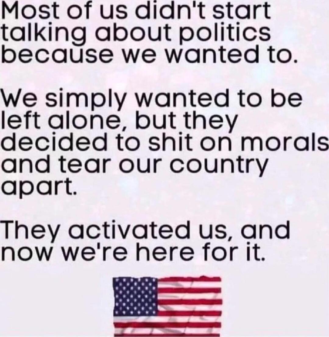 Most of us didn't start talking about politics because we wanted to. We simply wanted to be left alone, but they decided to shit on morals and tear our country apart. They activated us, and now we're here for it.