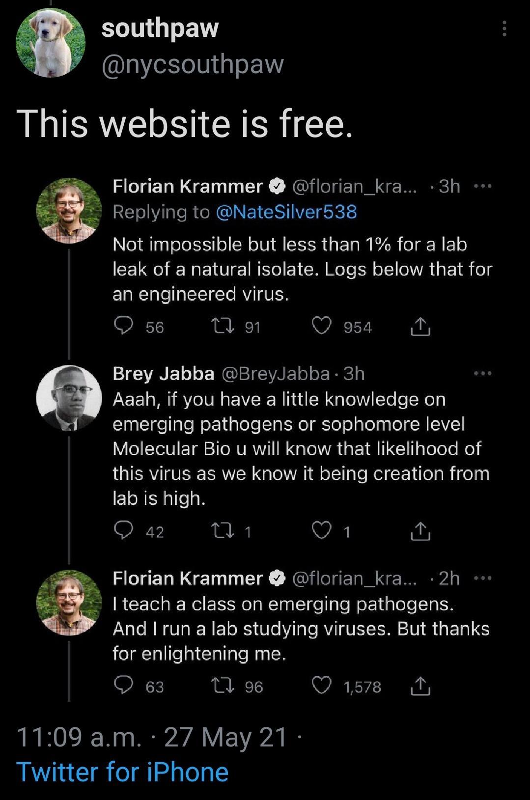 0 southpaw 3 nycsouthpaw This website is free Florian ETNNEIE XCUleIs 1o o IREC s BEEE Replying to NateSilver538 Not impossible but less than 1 for a lab leak of a natural isolate Logs below that for ETaRTalep 1t Te RVIT NI Q 56 T o T R IV E o NIEICIAE ol o BTy AE EL I VeIV s EAVISR N i B Lo VilTo s Wep Clalgellale N o 1 alelesTalSNe gkle o le g p o g M EAVEY Molecular Bio u will know that likelih