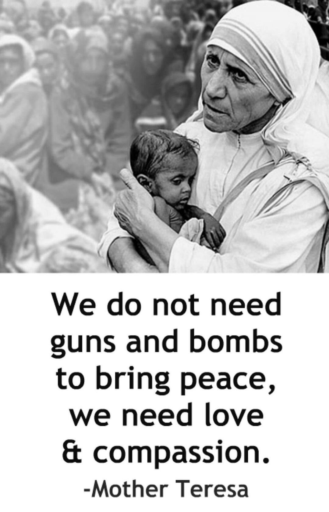 We do not need guns and bombs to bring peace, we need love & compassion. -Mother Teresa