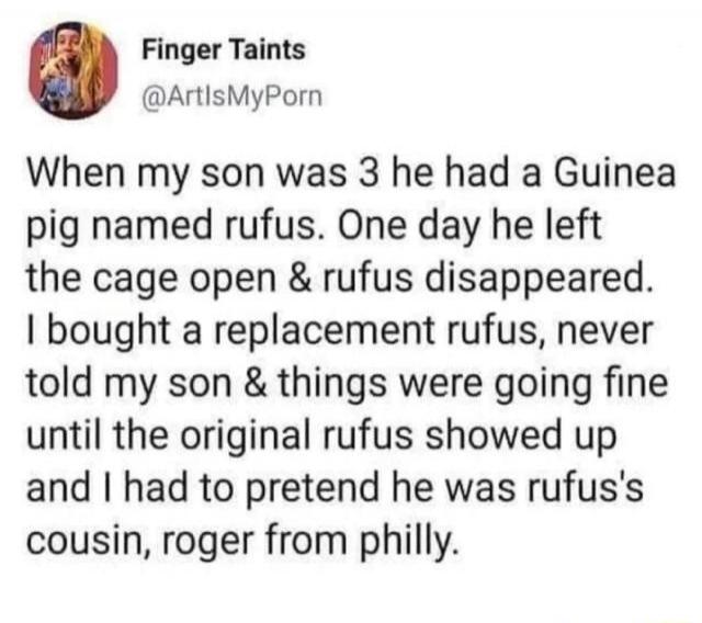 Finger Taints
@ArtIsMyPorn
When my son was 3 he had a Guinea pig named rufus. One day he left the cage open & rufus disappeared. I bought a replacement rufus, never told my son & things were going fine until the original rufus showed up and I had to pretend he was rufus's cousin, roger from philly.