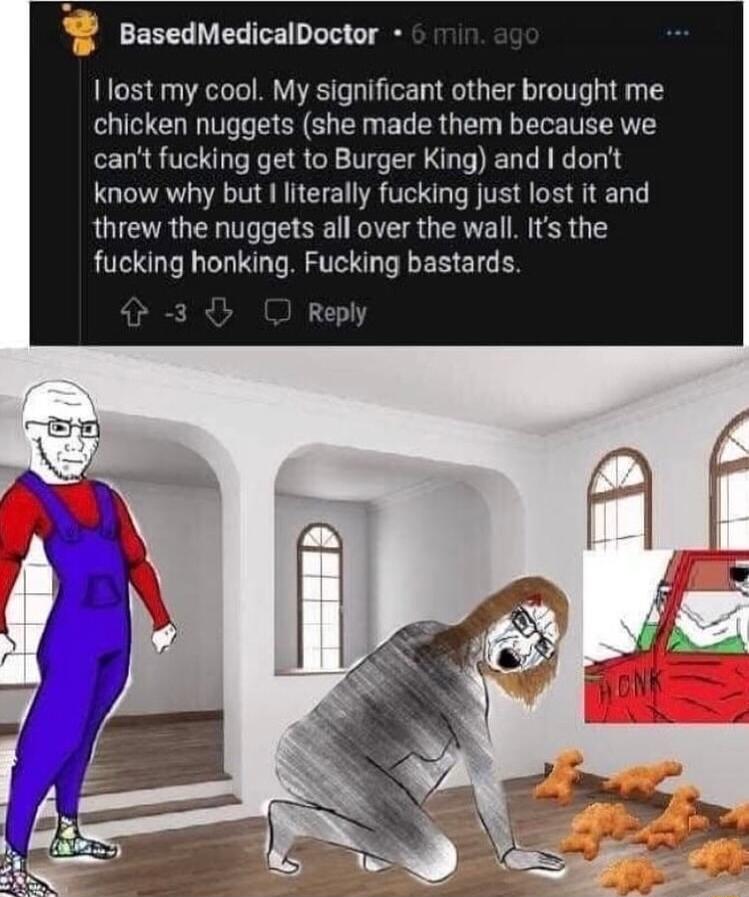 9 BasedMedicalDoctor I lost my cool My significant other brought me chicken nuggets she made them because we cant fucking get to Burger King and dont know why but I literally fucking just lost it and threw the nuggets all over the wall Its the fucking honking Fucking bastards