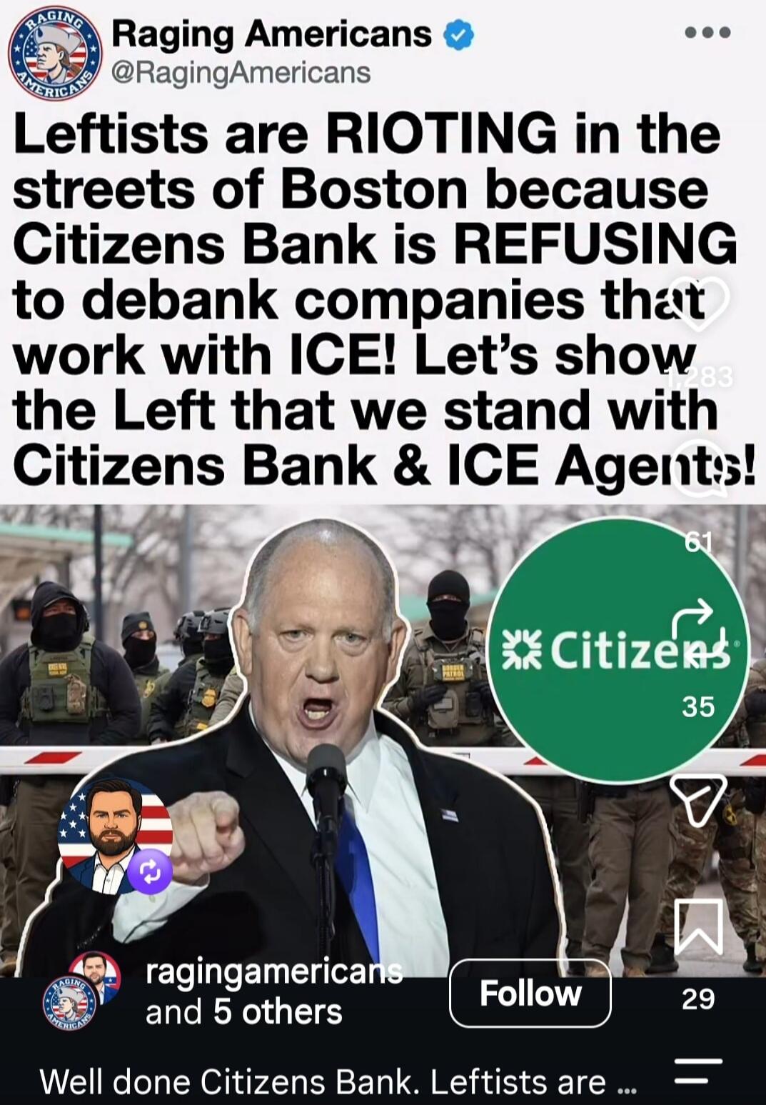 Leftists are RIOTING in the streets of Boston because Citizens Bank is REFUSING to debank companies that work with ICE! Let's show the Left that we stand with Citizens Bank & ICE Agents! Well done Citizens Bank. Leftists are ...