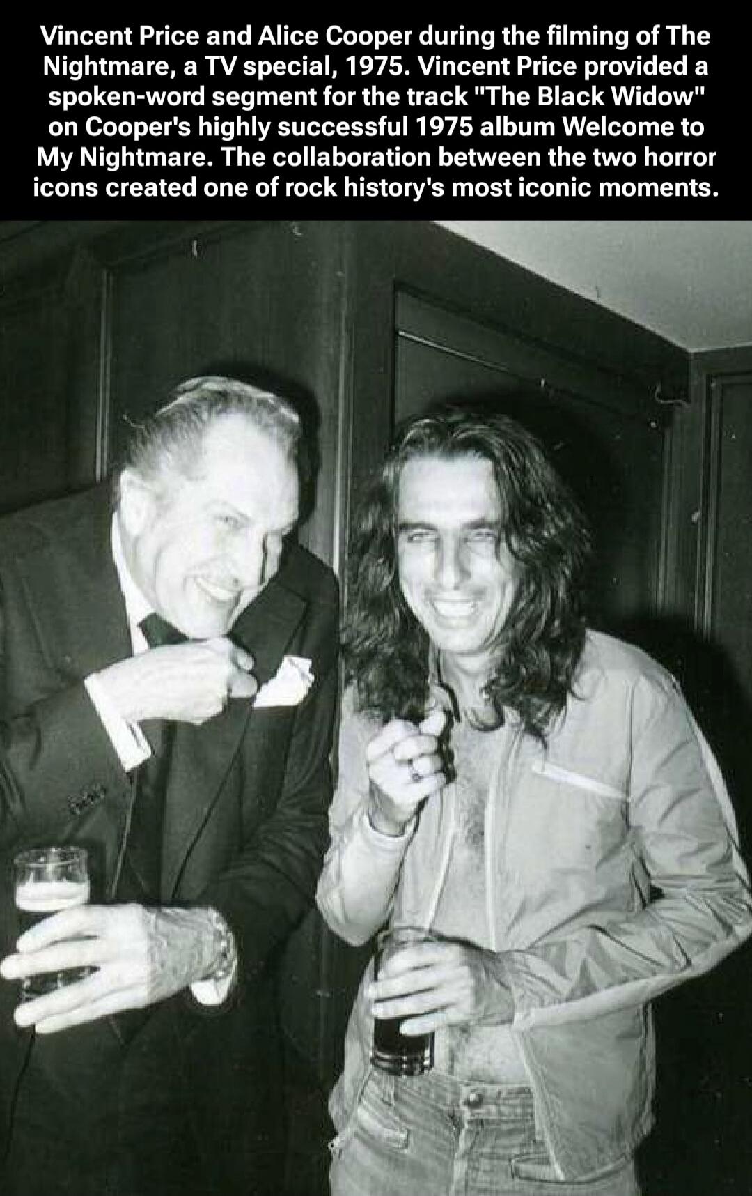 Vincent Price and Alice Cooper during the filming of The Nightmare, a TV special, 1975. Vincent Price provided a spoken-word segment for the track 