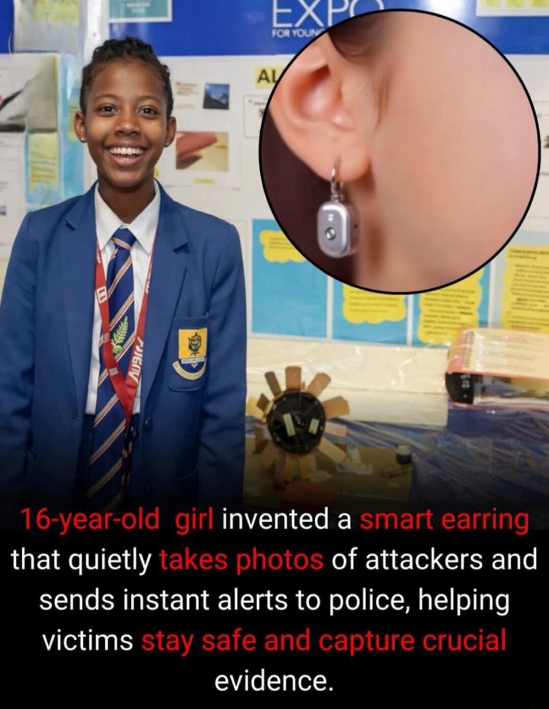 16-year-old girl invented a smart earring that quietly takes photos of attackers and sends instant alerts to police, helping victims stay safe and capture crucial evidence.