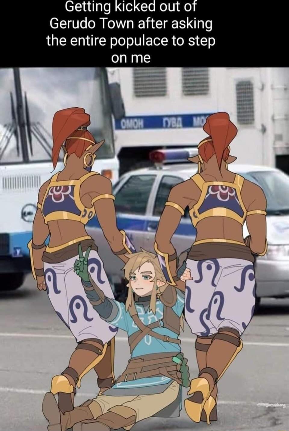 Getting kicked out o Gerudo Town after asking the entire populace to step on me