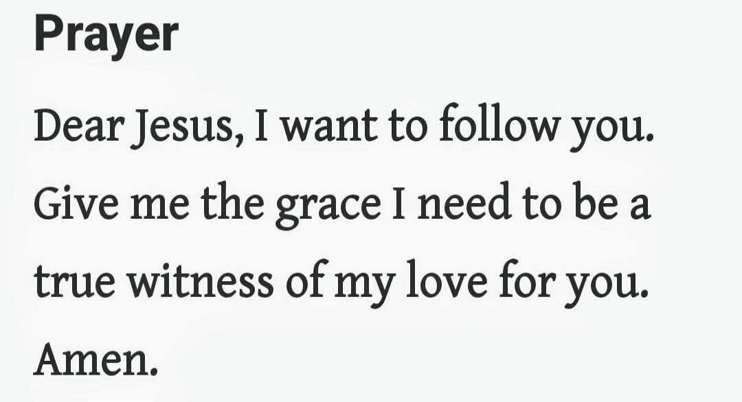 Prayer
Dear Jesus, I want to follow you. Give me the grace I need to be a true witness of my love for you. Amen.