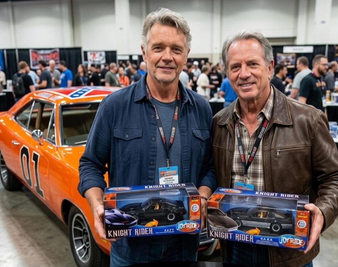Two men are holding Knight Rider toy cars, K.I.T.T. and K.A.R.R., in front of an orange Dodge Charger 'General Lee' car from Dukes of Hazzard. The boxes clearly display 'Knight Rider' and 'Joy Ride' branding.