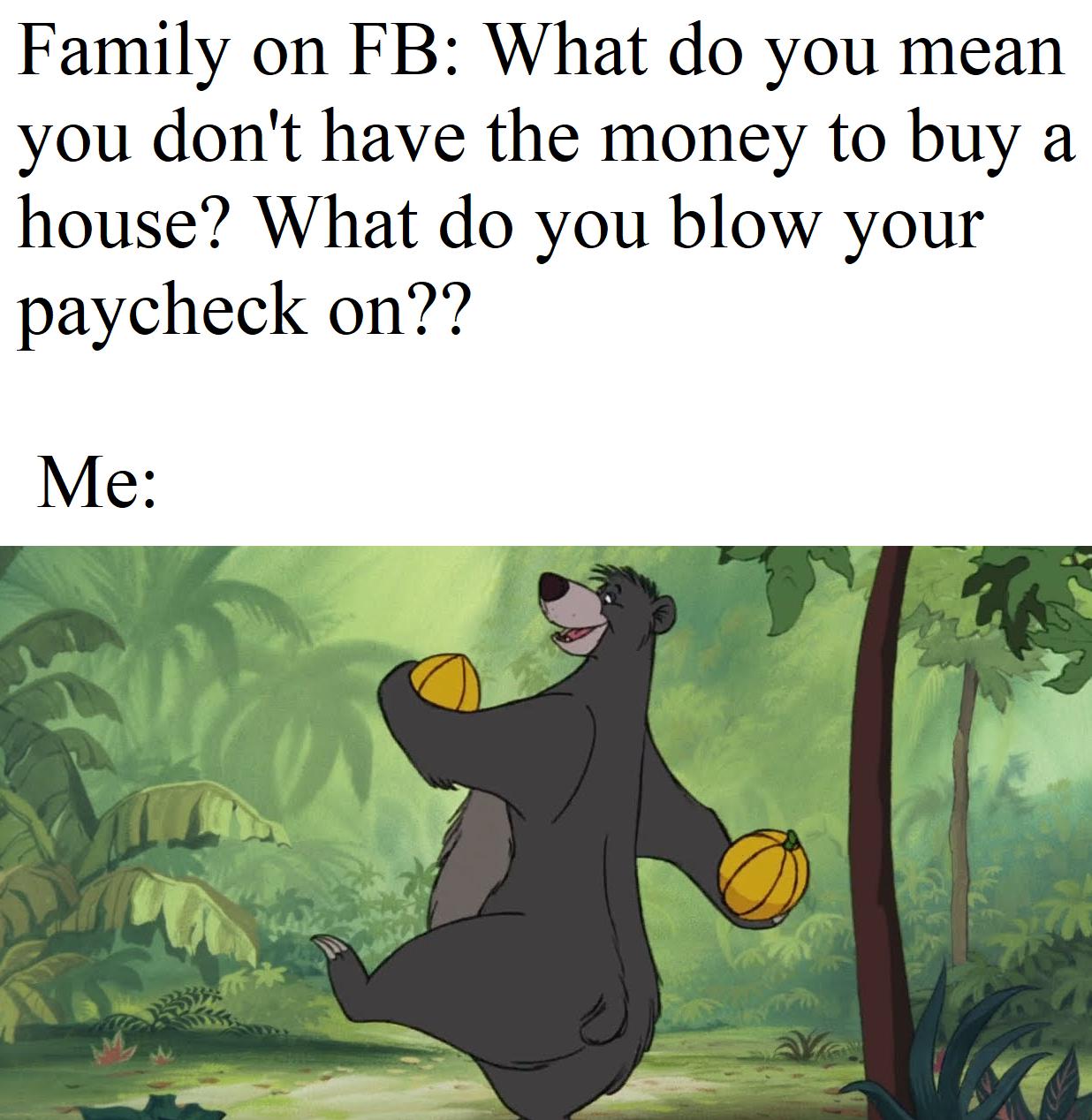 Family on FB What do you mean you dont have the money to buy a house What do you blow your paycheck on Me