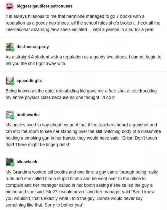 2 biggest gaudiest patronuses itis always hilarious to me that hermione managed to go 7 books with a reputation as a goody two shoes all the school rules shes brokenheck all the International wizarding laws shes violated kept a person in a jar for a year the funeral party As a straight A student with a reputation as a goody two shoes cannot begin to tell you the shit got away with appendingfic Bei