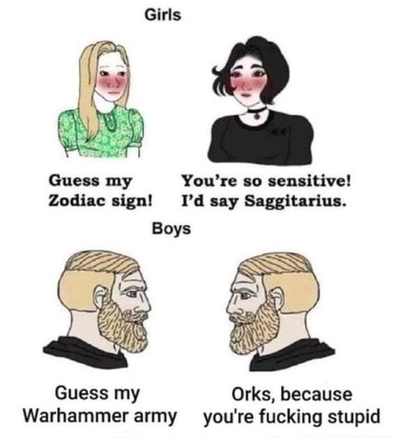 Girls Youre so sensitive Id say Saggitarius Boys Guess my Orks because Warhammer army youre fucking stupid