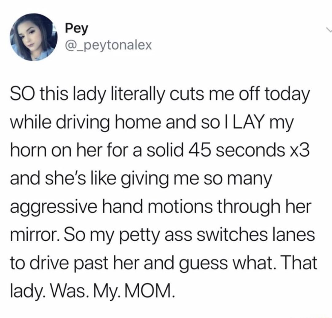 Pey _peytonalex SO this lady literally cuts me off today while driving home and so LAY my horn on her for a solid 45 seconds x3 and shes like giving me so many aggressive hand motions through her mirror So my petty ass switches lanes to drive past her and guess what That lady Was My MOM